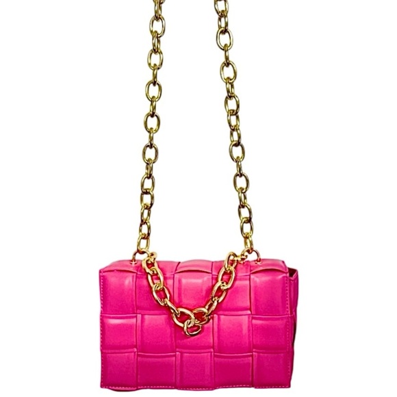 Unbranded Super Cute Pink Woven Vegan Bag Gold Chain Handle - Picture 2 of 3